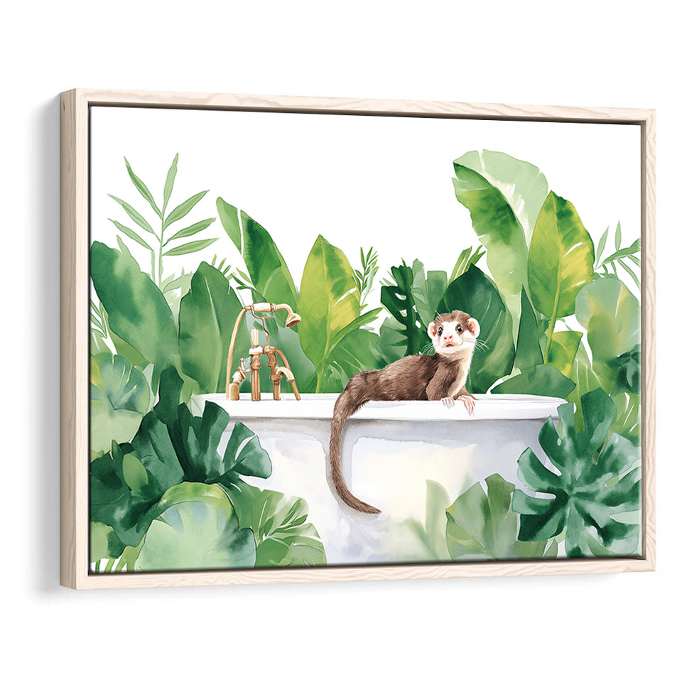 Ferrets In Bathtub Bathroom Print Tropical Leave, Bathroom Art Decor Framed Canvas Prints Wall Art,Floating Frame