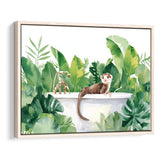 Ferrets In Bathtub Bathroom Print Tropical Leave, Bathroom Art Decor Framed Canvas Prints Wall Art,Floating Frame