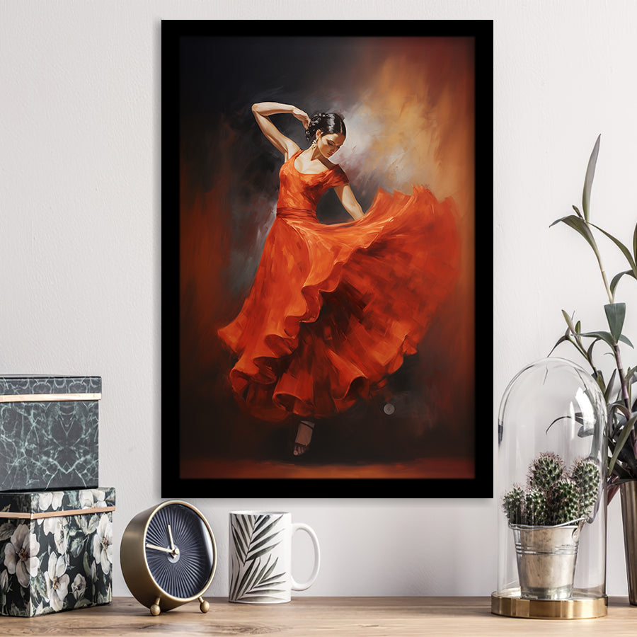 Flamenco Dancing Girl Wear A Red Dress, Framed Art Print Wall Decor, Framed Picture