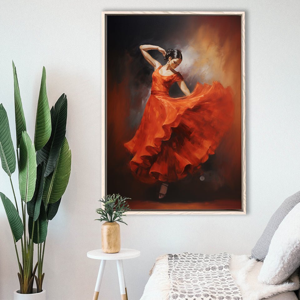 Flamenco Dancing Girl Wear A Red Dress, Framed Canvas Painting, Framed Canvas Prints Wall Art Decor