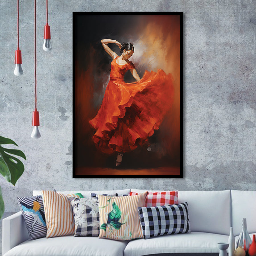 Flamenco Dancing Girl Wear A Red Dress, Framed Art Print Wall Decor, Framed Picture