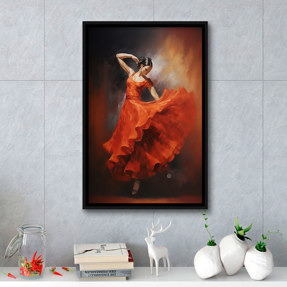 Flamenco Dancing Girl Wear A Red Dress, Framed Canvas Painting, Framed Canvas Prints Wall Art Decor