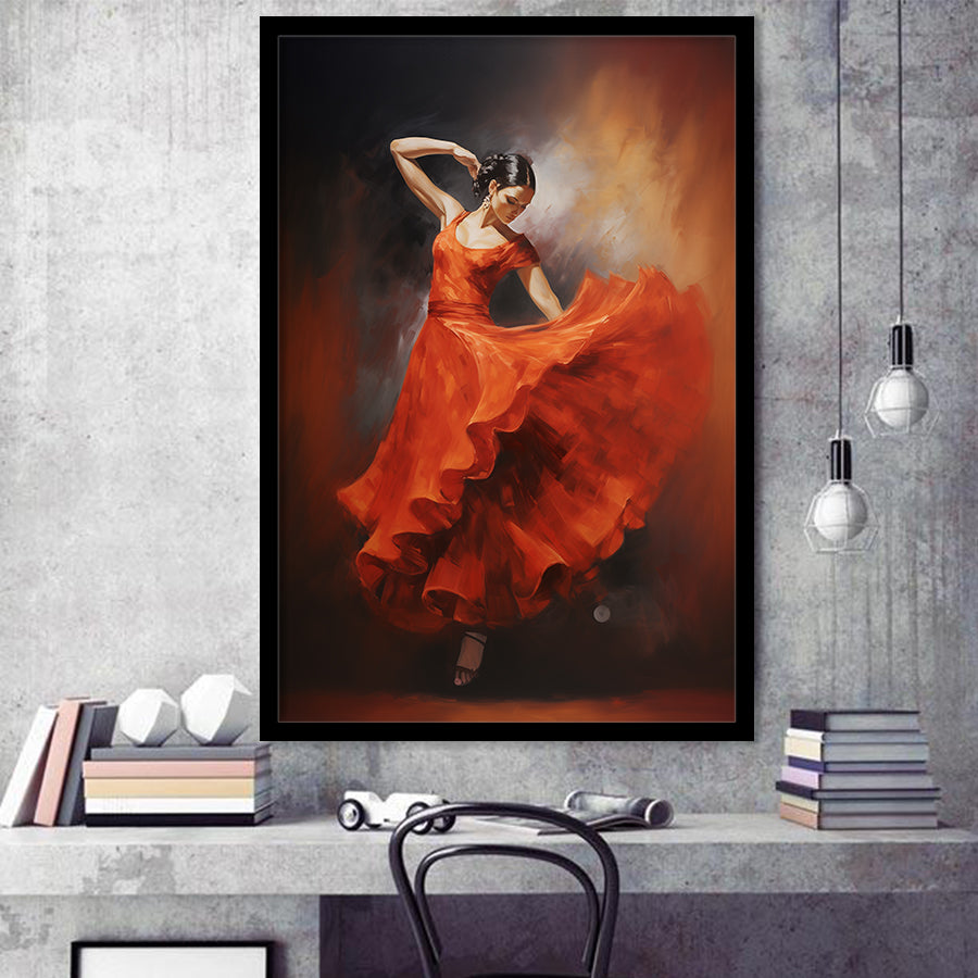 Flamenco Dancing Girl Wear A Red Dress, Framed Art Print Wall Decor, Framed Picture