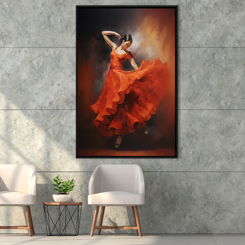 Flamenco Dancing Girl Wear A Red Dress, Framed Canvas Painting, Framed Canvas Prints Wall Art Decor