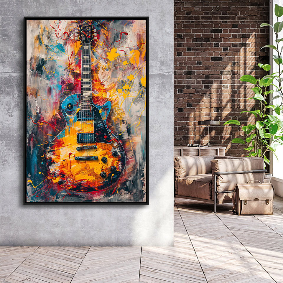 Flamimg Electric Guita Mixed Blue Yellow And Red, Framed Canvas Prints Wall Art Decor, Floarting Frame Painting Canvas Art