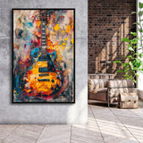 Flamimg Electric Guita Mixed Blue Yellow And Red, Framed Canvas Prints Wall Art Decor, Floarting Frame Painting Canvas Art