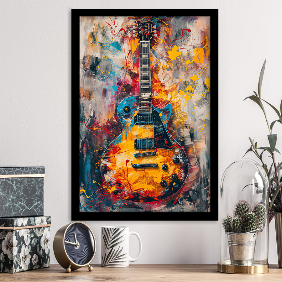 Flamimg Electric Guita Mixed Blue Yellow And Red, Framed Art Prints Wall Decor, Picture Framed Painting