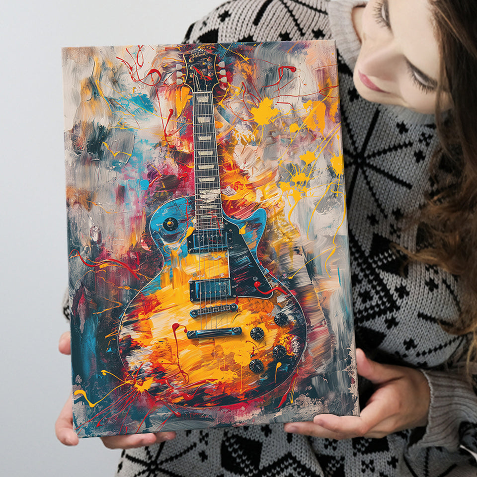 Flamimg Electric Guita Mixed Blue Yellow And Red, Canvas Prints Wall Art Home Decor, Painting Canvas Art