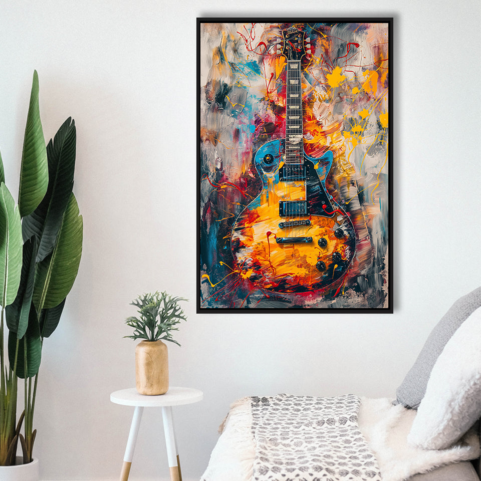 Flamimg Electric Guita Mixed Blue Yellow And Red, Framed Canvas Prints Wall Art Decor, Floarting Frame Painting Canvas Art