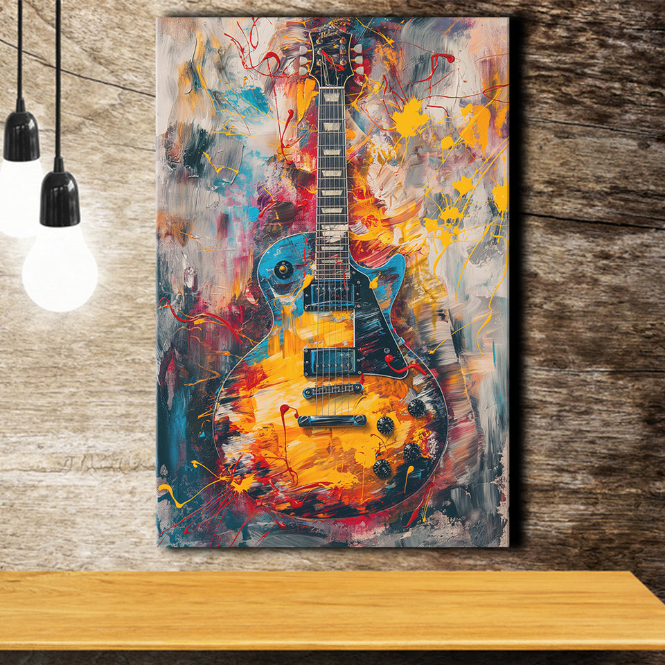 Flamimg Electric Guita Mixed Blue Yellow And Red, Canvas Prints Wall Art Home Decor, Painting Canvas Art