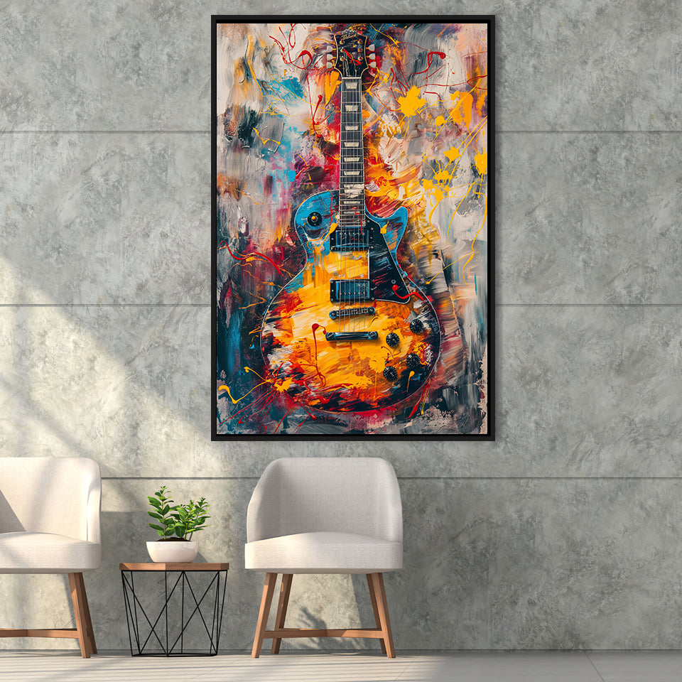 Flamimg Electric Guita Mixed Blue Yellow And Red, Framed Canvas Prints Wall Art Decor, Floarting Frame Painting Canvas Art