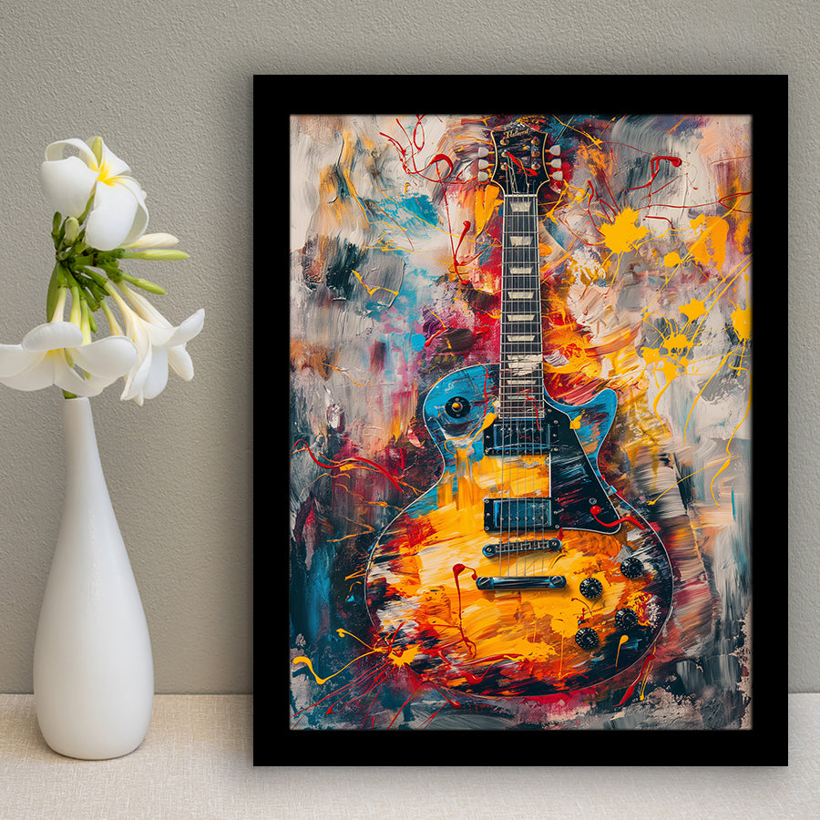 Flamimg Electric Guita Mixed Blue Yellow And Red, Framed Art Prints Wall Decor, Picture Framed Painting