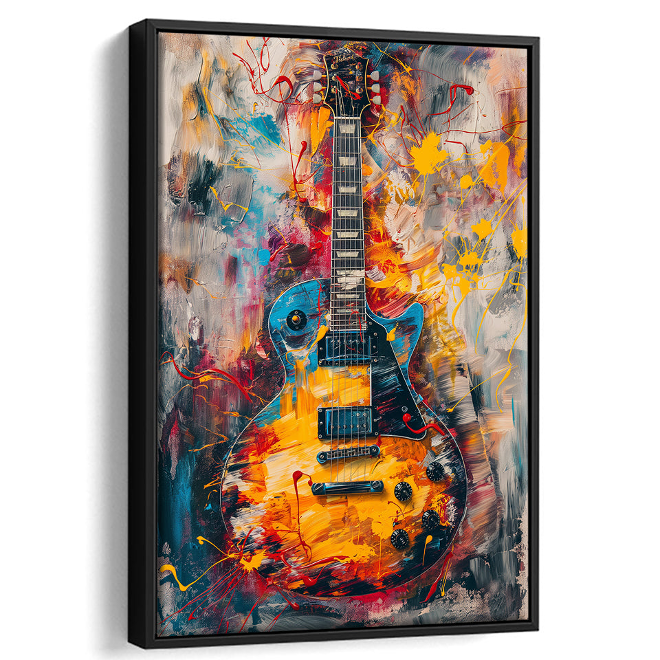 Flamimg Electric Guita Mixed Blue Yellow And Red, Framed Canvas Prints Wall Art Decor, Floarting Frame Painting Canvas Art