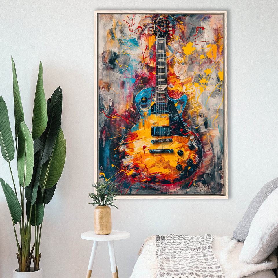 Flamimg Electric Guita Mixed Blue Yellow And Red, Framed Canvas Prints Wall Art Decor, Floarting Frame Painting Canvas Art