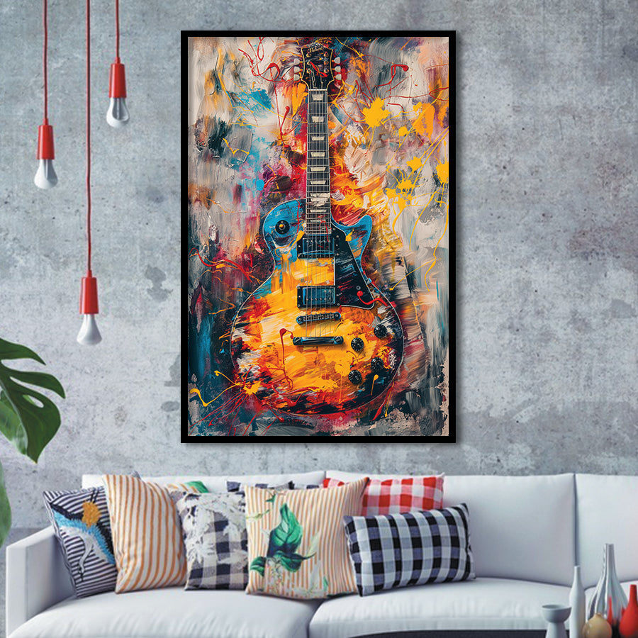 Flamimg Electric Guita Mixed Blue Yellow And Red, Framed Art Prints Wall Decor, Picture Framed Painting