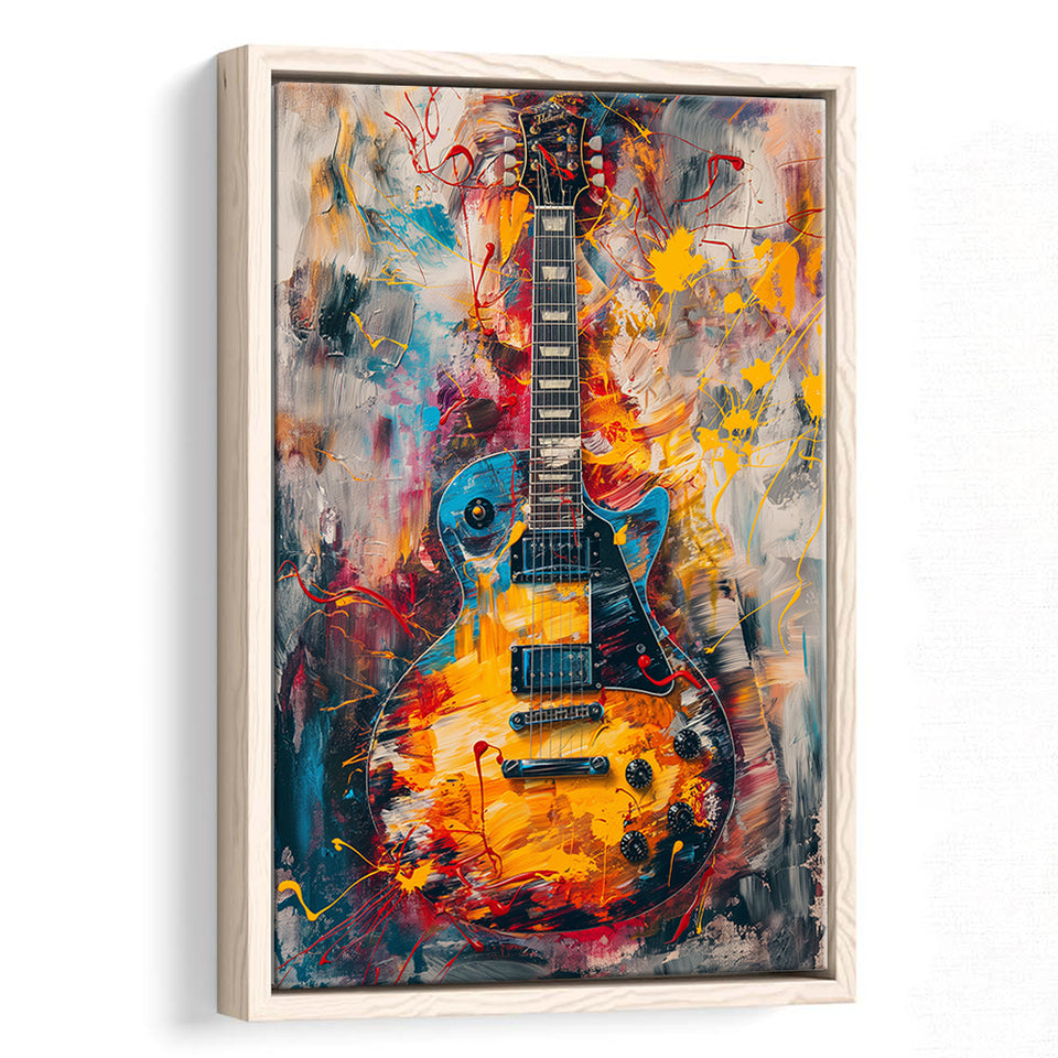 Flamimg Electric Guita Mixed Blue Yellow And Red, Framed Canvas Prints Wall Art Decor, Floarting Frame Painting Canvas Art