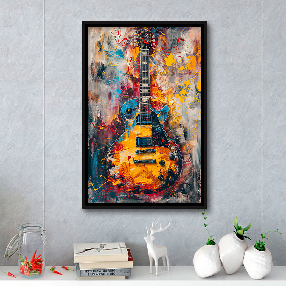 Flamimg Electric Guita Mixed Blue Yellow And Red, Framed Canvas Prints Wall Art Decor, Floarting Frame Painting Canvas Art