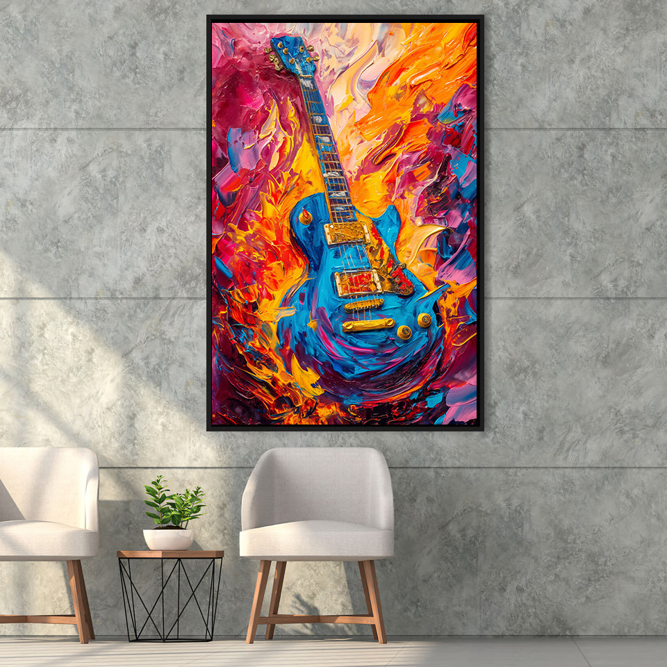 Flamimg Electric Guita Mixed Color Painting, Framed Canvas Prints Wall Art Decor, Floarting Frame Painting Canvas Art