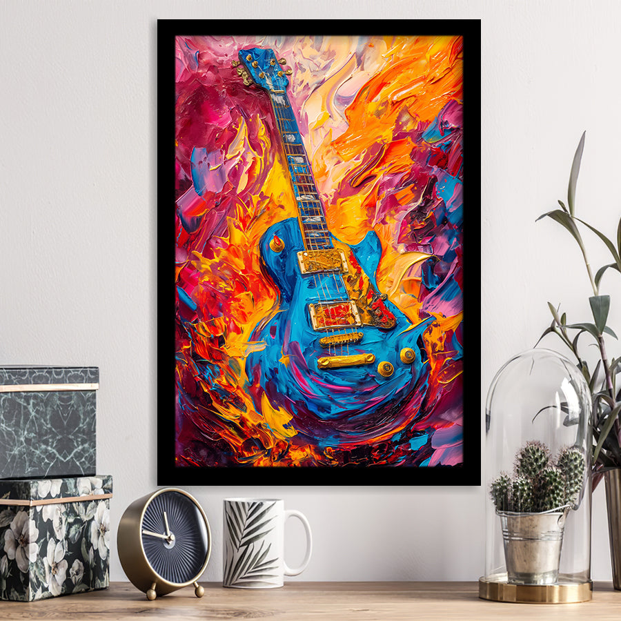 Flamimg Electric Guita Mixed Color Painting, Framed Art Prints Wall Decor, Picture Framed Painting