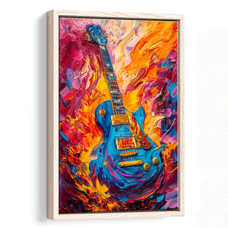 Flamimg Electric Guita Mixed Color Painting, Framed Canvas Prints Wall Art Decor, Floarting Frame Painting Canvas Art