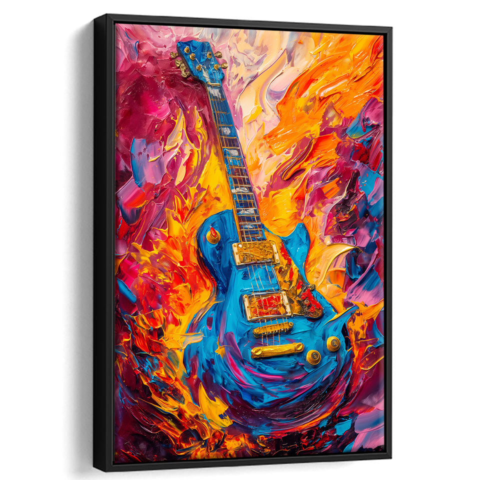 Flamimg Electric Guita Mixed Color Painting, Framed Canvas Prints Wall Art Decor, Floarting Frame Painting Canvas Art