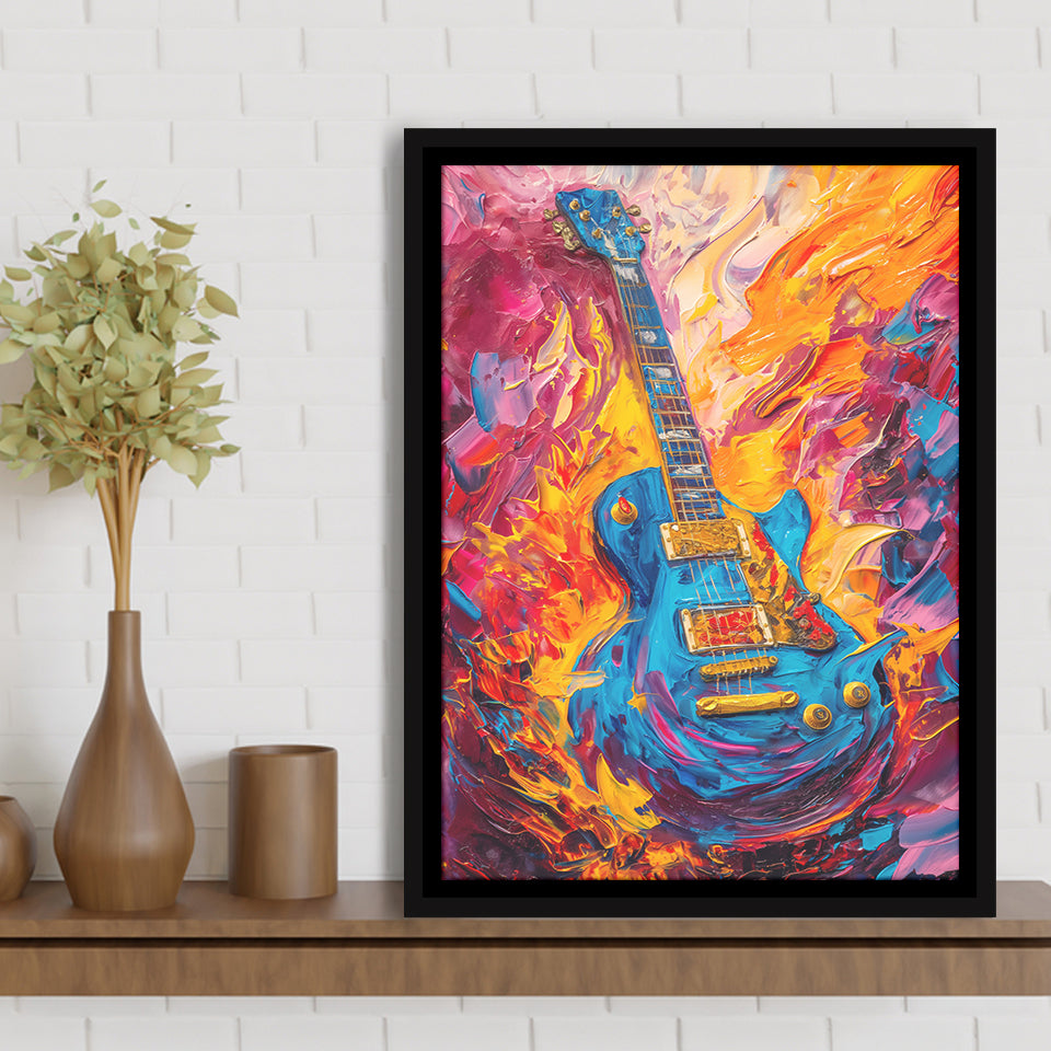 Flamimg Electric Guita Mixed Color Painting, Framed Canvas Prints Wall Art Decor, Floarting Frame Painting Canvas Art