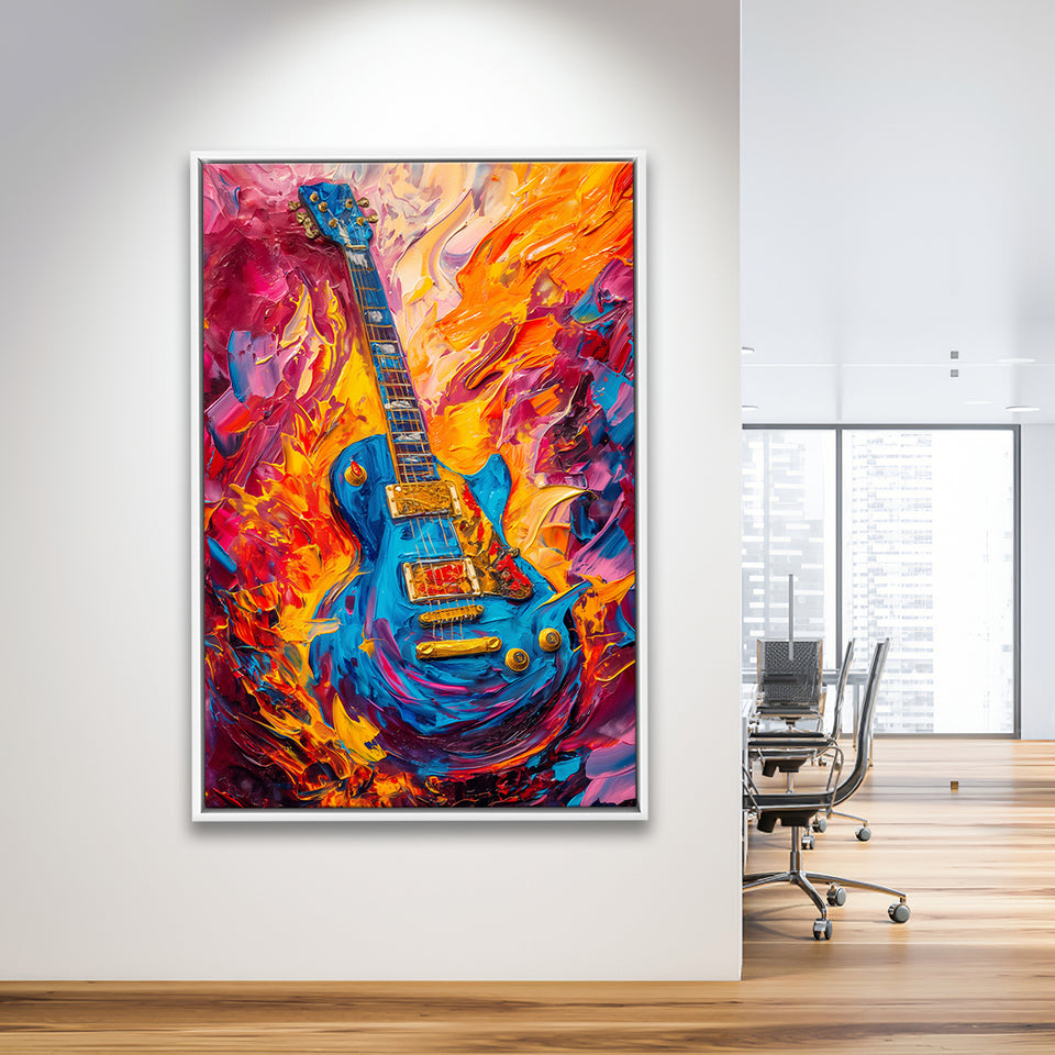 Flamimg Electric Guita Mixed Color Painting, Framed Canvas Prints Wall Art Decor, Floarting Frame Painting Canvas Art