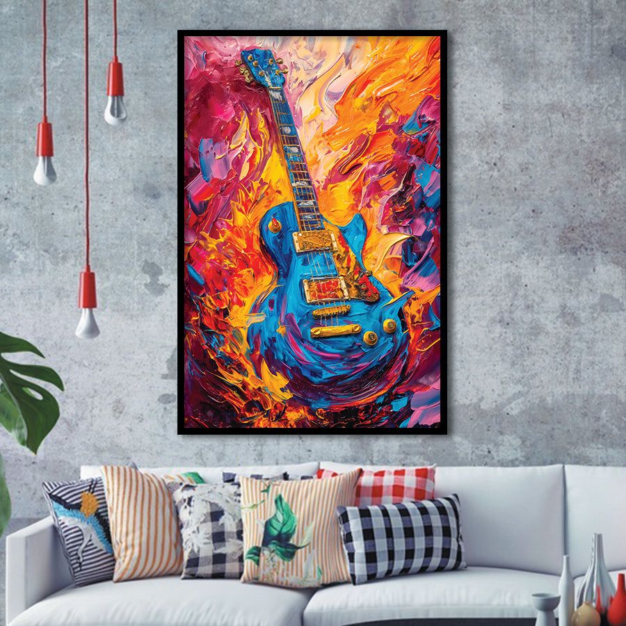 Flamimg Electric Guita Mixed Color Painting, Framed Art Prints Wall Decor, Picture Framed Painting