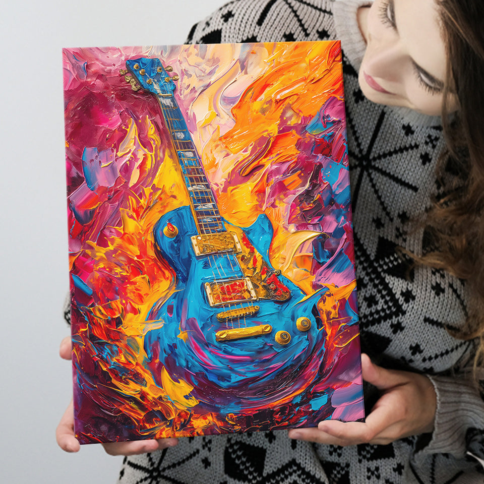 Flamimg Electric Guita Mixed Color Painting, Canvas Prints Wall Art Home Decor, Painting Canvas Art