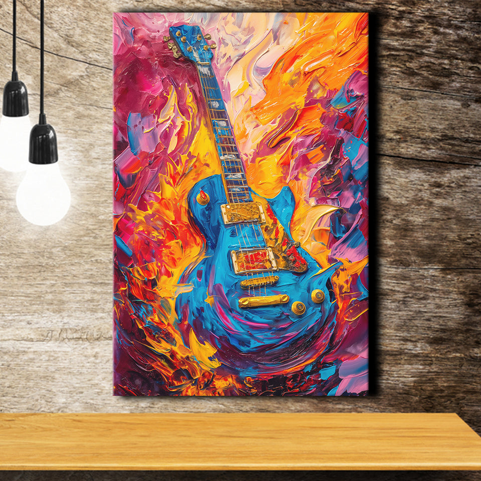 Flamimg Electric Guita Mixed Color Painting, Canvas Prints Wall Art Home Decor, Painting Canvas Art