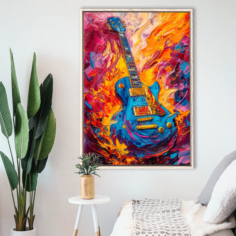 Flamimg Electric Guita Mixed Color Painting, Framed Canvas Prints Wall Art Decor, Floarting Frame Painting Canvas Art