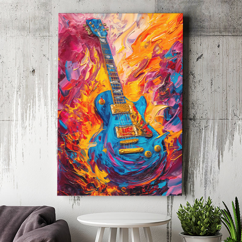 Flamimg Electric Guita Mixed Color Painting, Canvas Prints Wall Art Home Decor, Painting Canvas Art