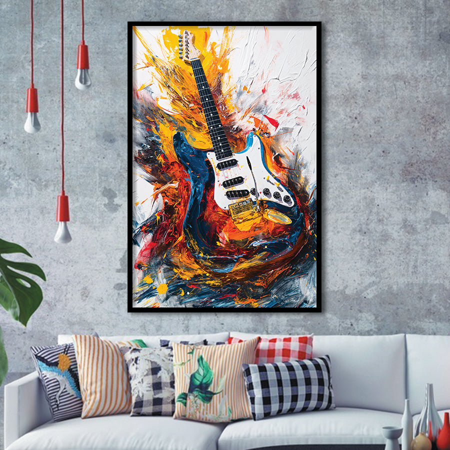 Flamimg Electric Guita Oil Painting, Framed Art Prints Wall Decor, Picture Framed Painting