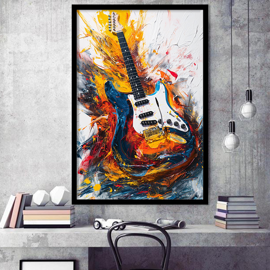 Flamimg Electric Guita Oil Painting, Framed Art Prints Wall Decor, Picture Framed Painting
