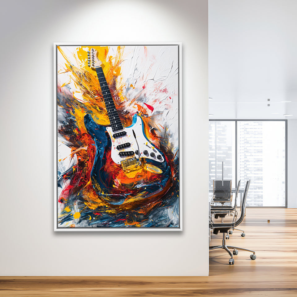 Flamimg Electric Guita Oil Painting, Framed Canvas Prints Wall Art Decor, Floarting Frame Painting Canvas Art