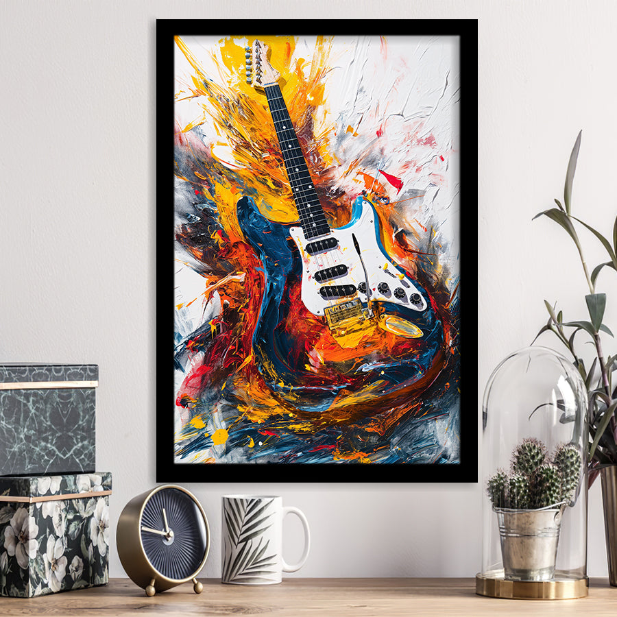Flamimg Electric Guita Oil Painting, Framed Art Prints Wall Decor, Picture Framed Painting