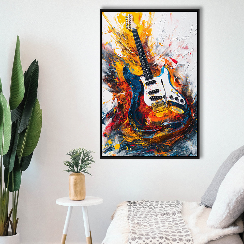 Flamimg Electric Guita Oil Painting, Framed Canvas Prints Wall Art Decor, Floarting Frame Painting Canvas Art