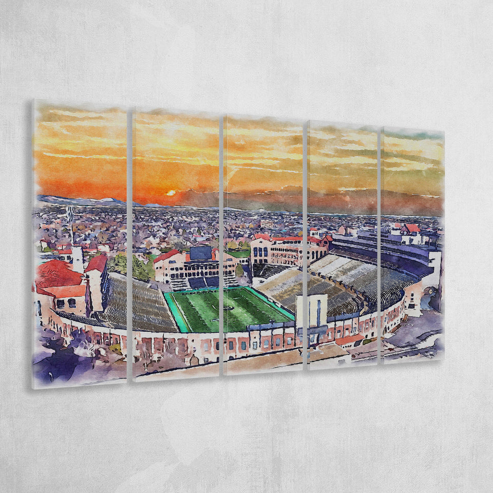 Folsom Field WaterColor 5 Panels B Mixed Canvas Prints, Extra Large, Boulder Colorado Watercolor