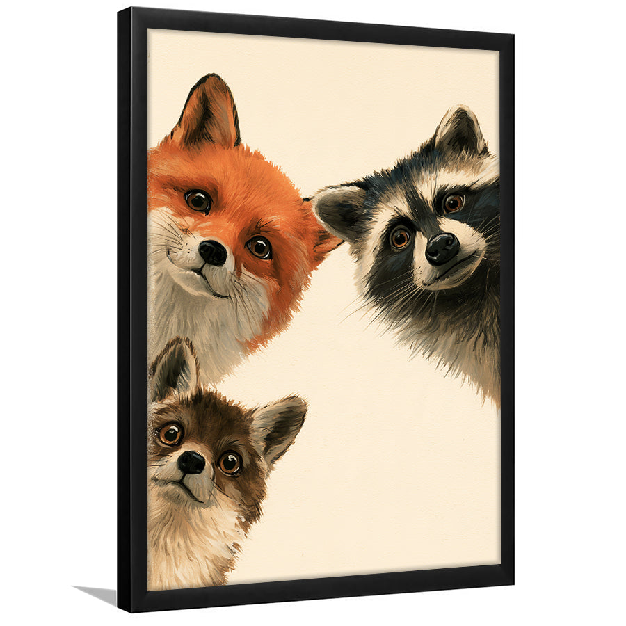 Foxs And Raccoon Funny Portrait Painting Art, Kid Room Painting, Pet Lover Art, Framed Art Print, Fine Art Wall Decor