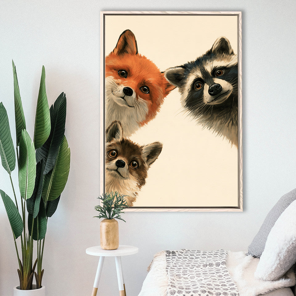 Foxs And Raccoon Funny Portrait Painting Art, Kid Room Painting, Pet Lover Art, Framed Canvas Print, Floating Frame