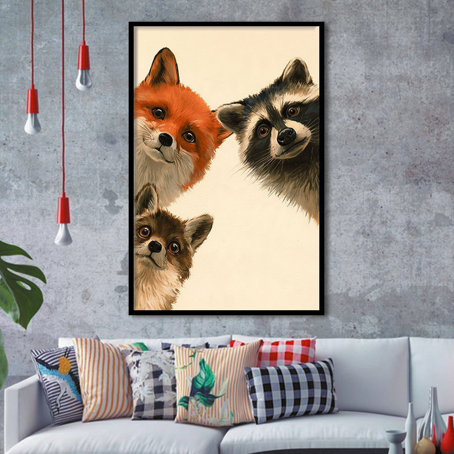 Foxs And Raccoon Funny Portrait Painting Art, Kid Room Painting, Pet Lover Art, Framed Art Print, Fine Art Wall Decor