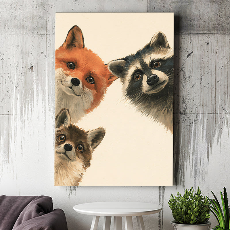 Foxs And Raccoon Funny Portrait Painting Art, Kid Room Painting, Pet Lover Art, Canvas Print Wall Art, Wall Decor