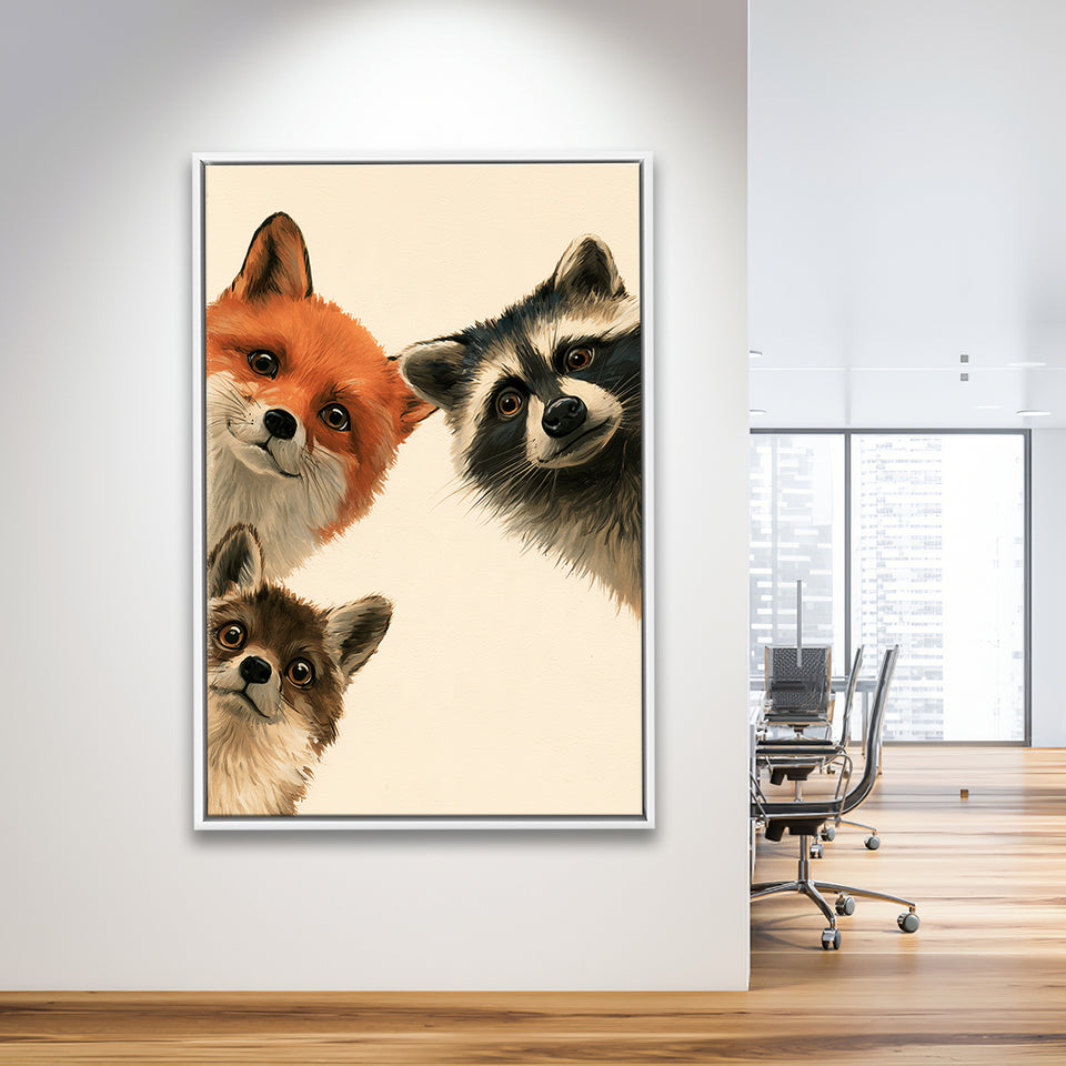 Foxs And Raccoon Funny Portrait Painting Art, Kid Room Painting, Pet Lover Art, Framed Canvas Print, Floating Frame