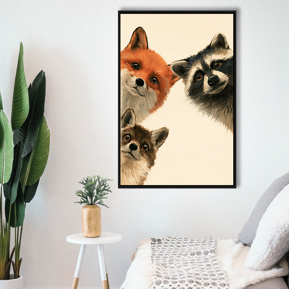 Foxs And Raccoon Funny Portrait Painting Art, Kid Room Painting, Pet Lover Art, Framed Canvas Print, Floating Frame