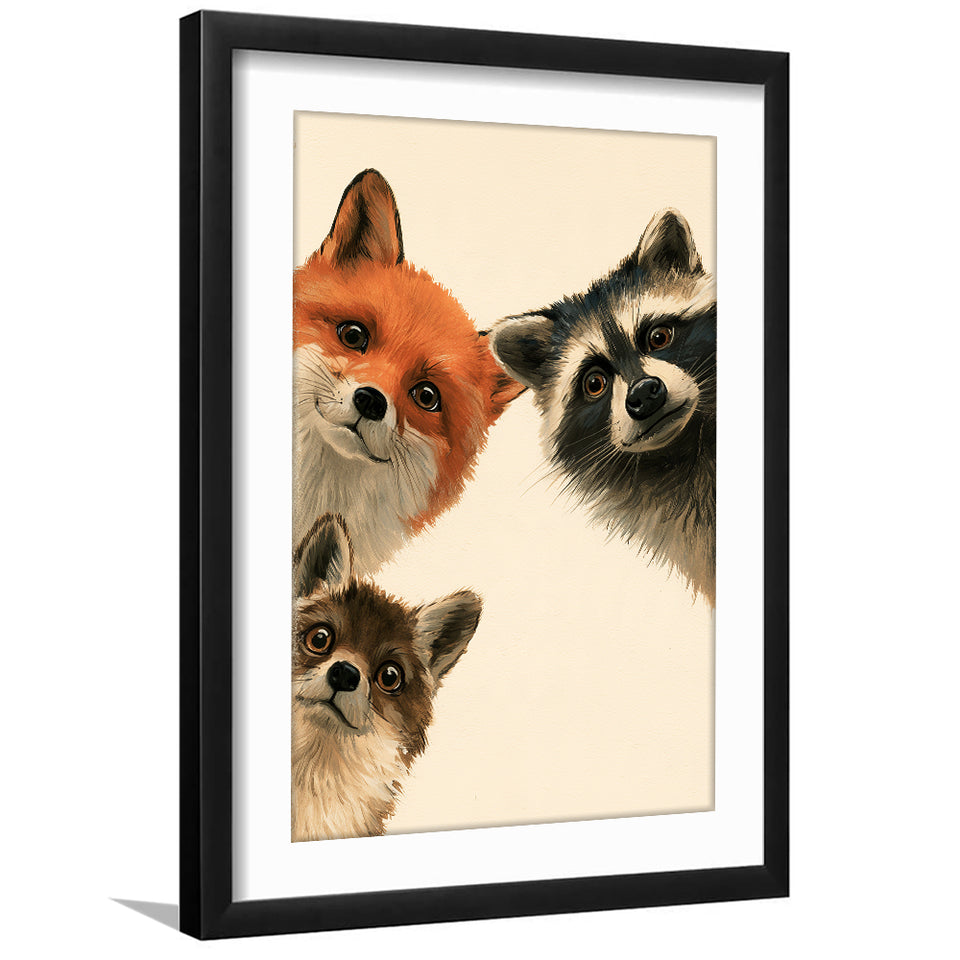 Foxs And Raccoon Funny Portrait Painting Art, Kid Room Painting, Pet Lover Art, Framed Art Print White Border