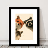 Foxs And Raccoon Funny Portrait Painting Art, Kid Room Painting, Pet Lover Art, Framed Art Print White Border