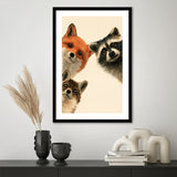 Foxs And Raccoon Funny Portrait Painting Art, Kid Room Painting, Pet Lover Art, Framed Art Print White Border