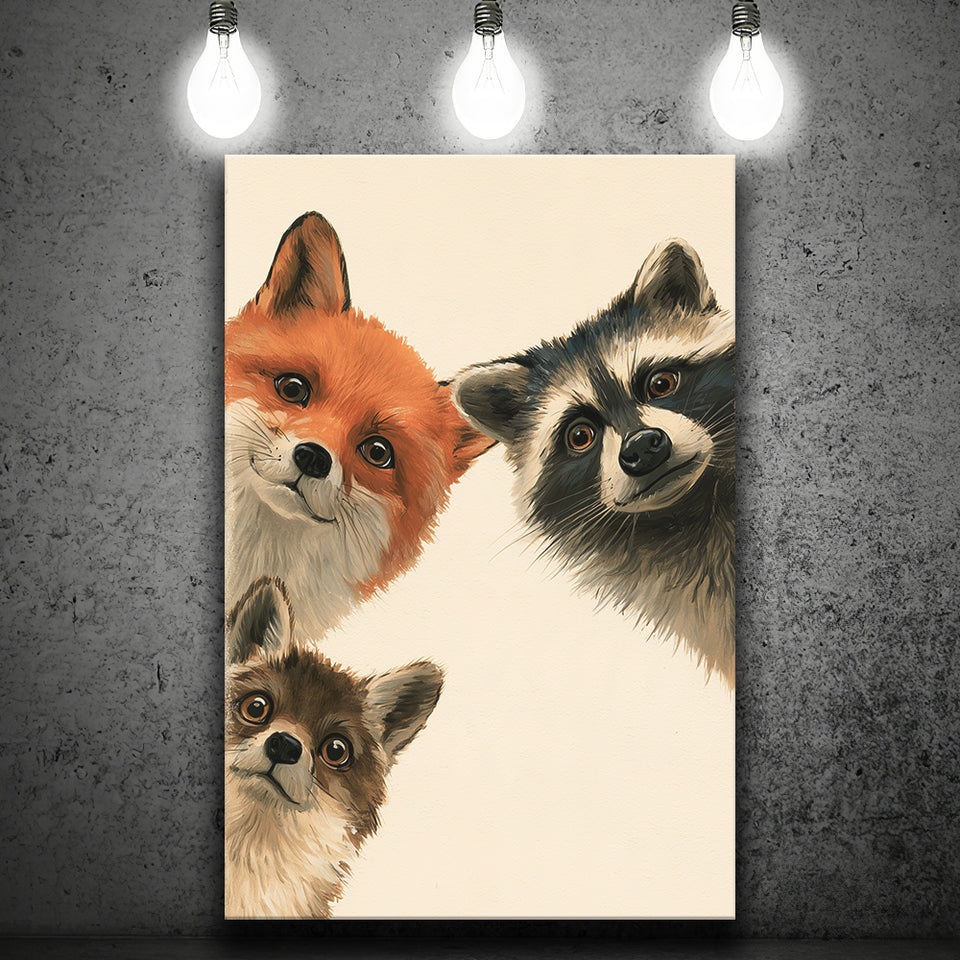 Foxs And Raccoon Funny Portrait Painting Art, Kid Room Painting, Pet Lover Art, Canvas Print Wall Art, Wall Decor