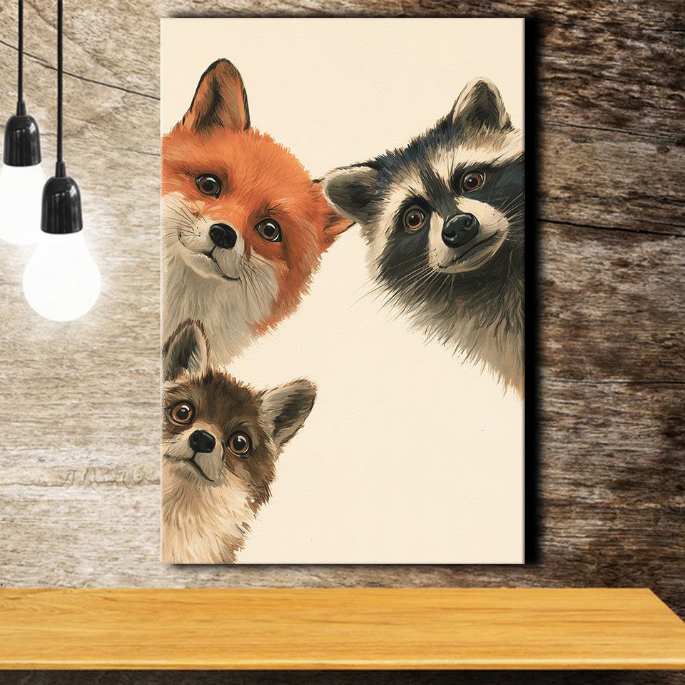 Foxs And Raccoon Funny Portrait Painting Art, Kid Room Painting, Pet Lover Art, Canvas Print Wall Art, Wall Decor