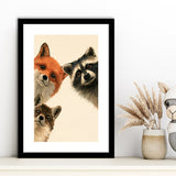 Foxs And Raccoon Funny Portrait Painting Art, Kid Room Painting, Pet Lover Art, Framed Art Print White Border
